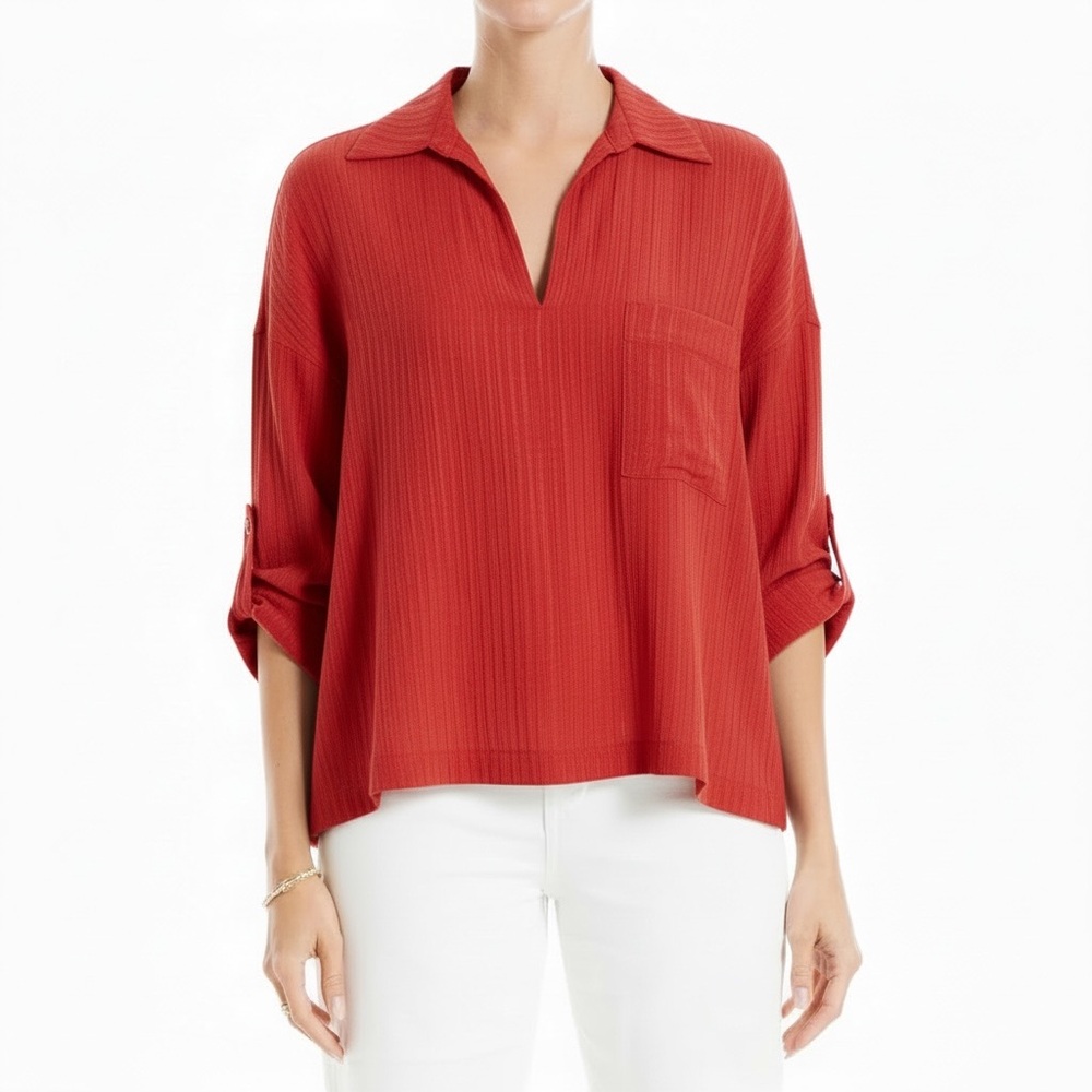 NWOT Max Studio Women’s Roll Tab Tunic Blouse Fall All Season Flattering